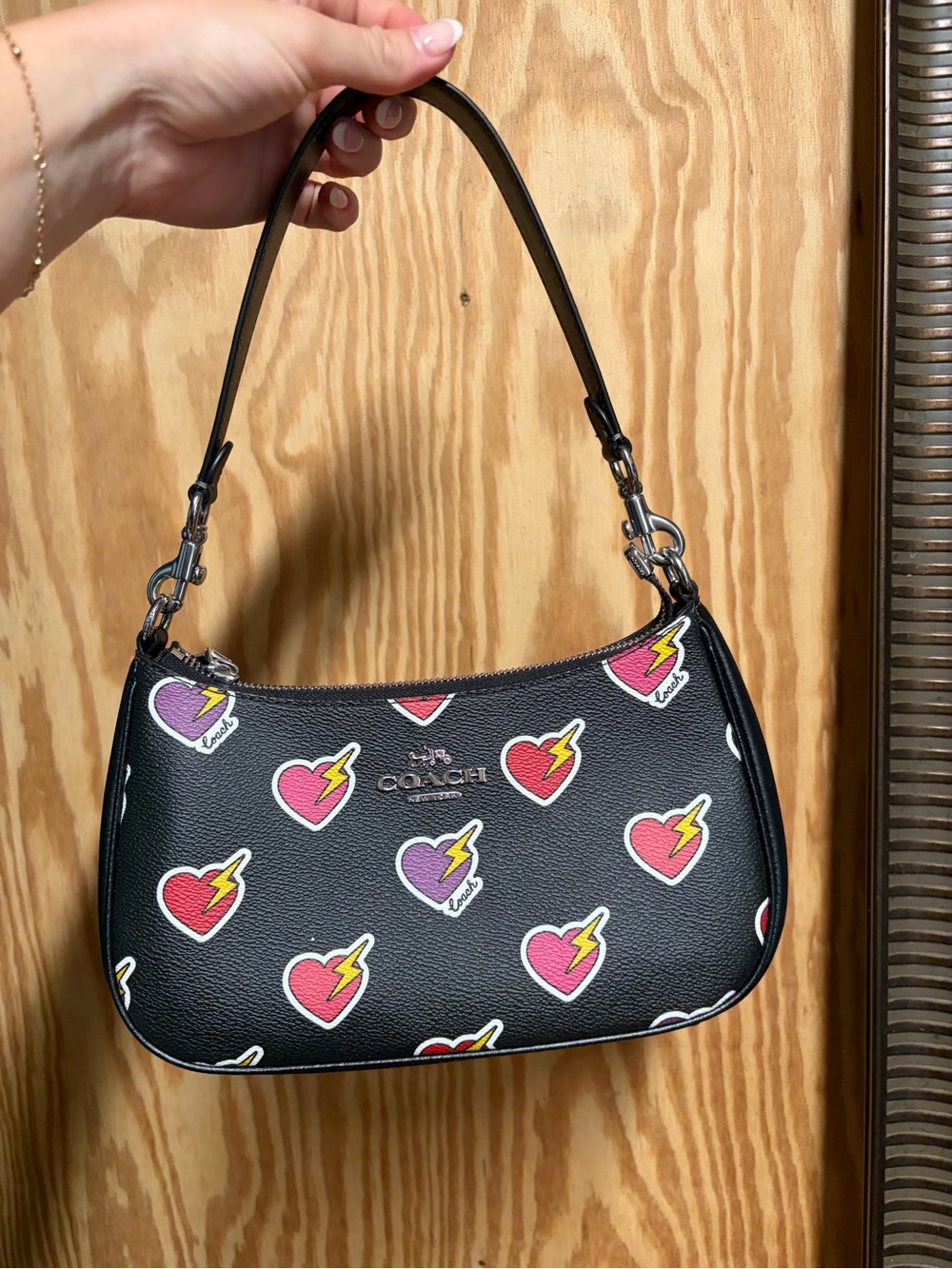 Coach Black Mini Shoulder Bag with Red and Purple Heart Prints
